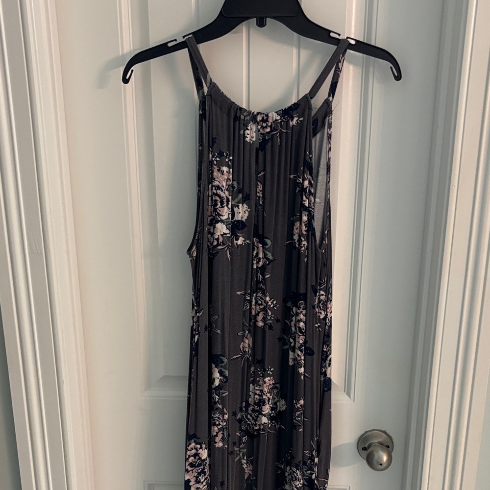 Maurices Grey Floral Maxi Dress with Pink Accents